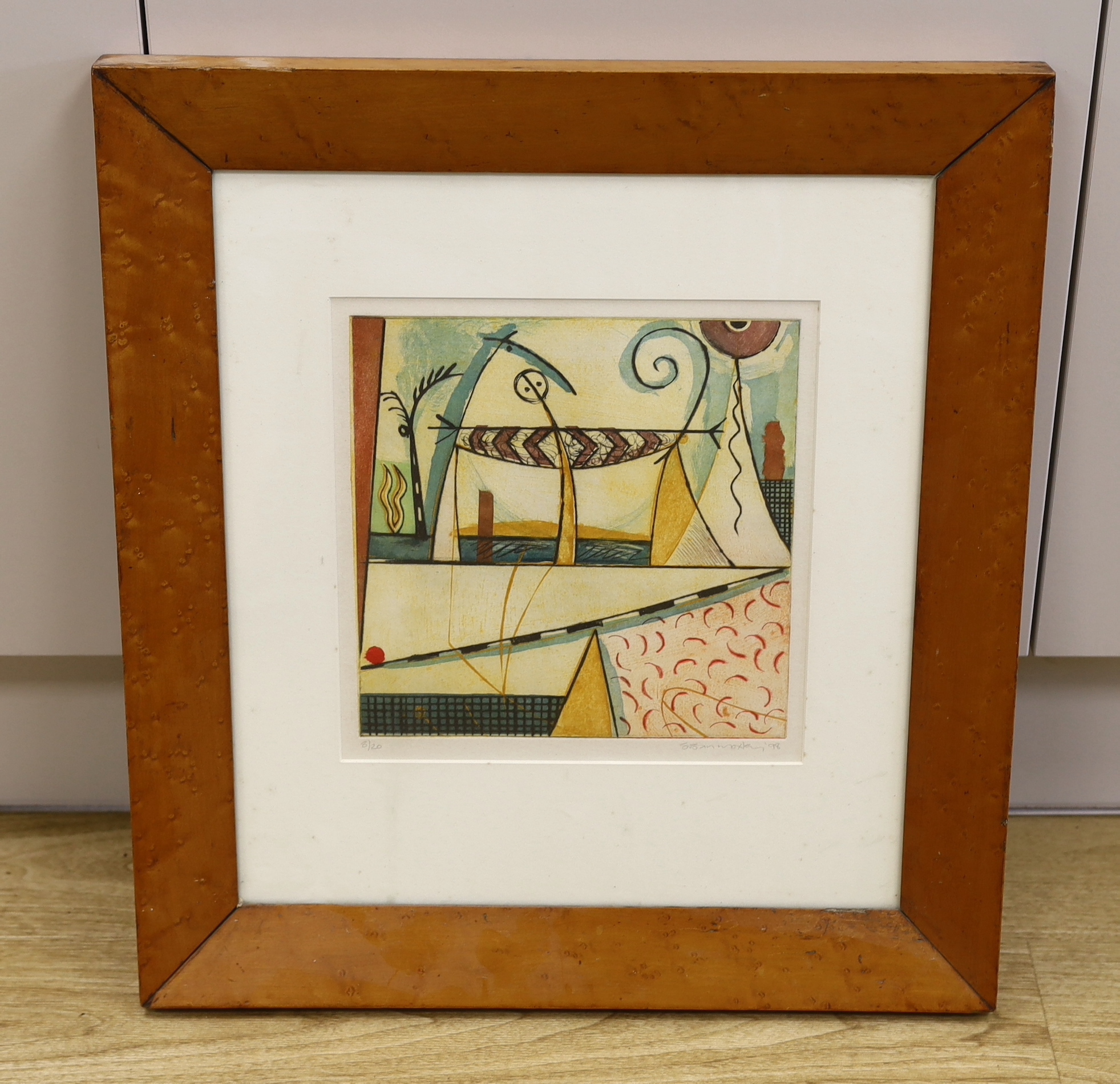 Susan Moxley, '98, contemporary collagraph and etching, 'Equilibrium II', signed in pencil, limited edition 8 of 20, maple framed, 27cm x 26cm